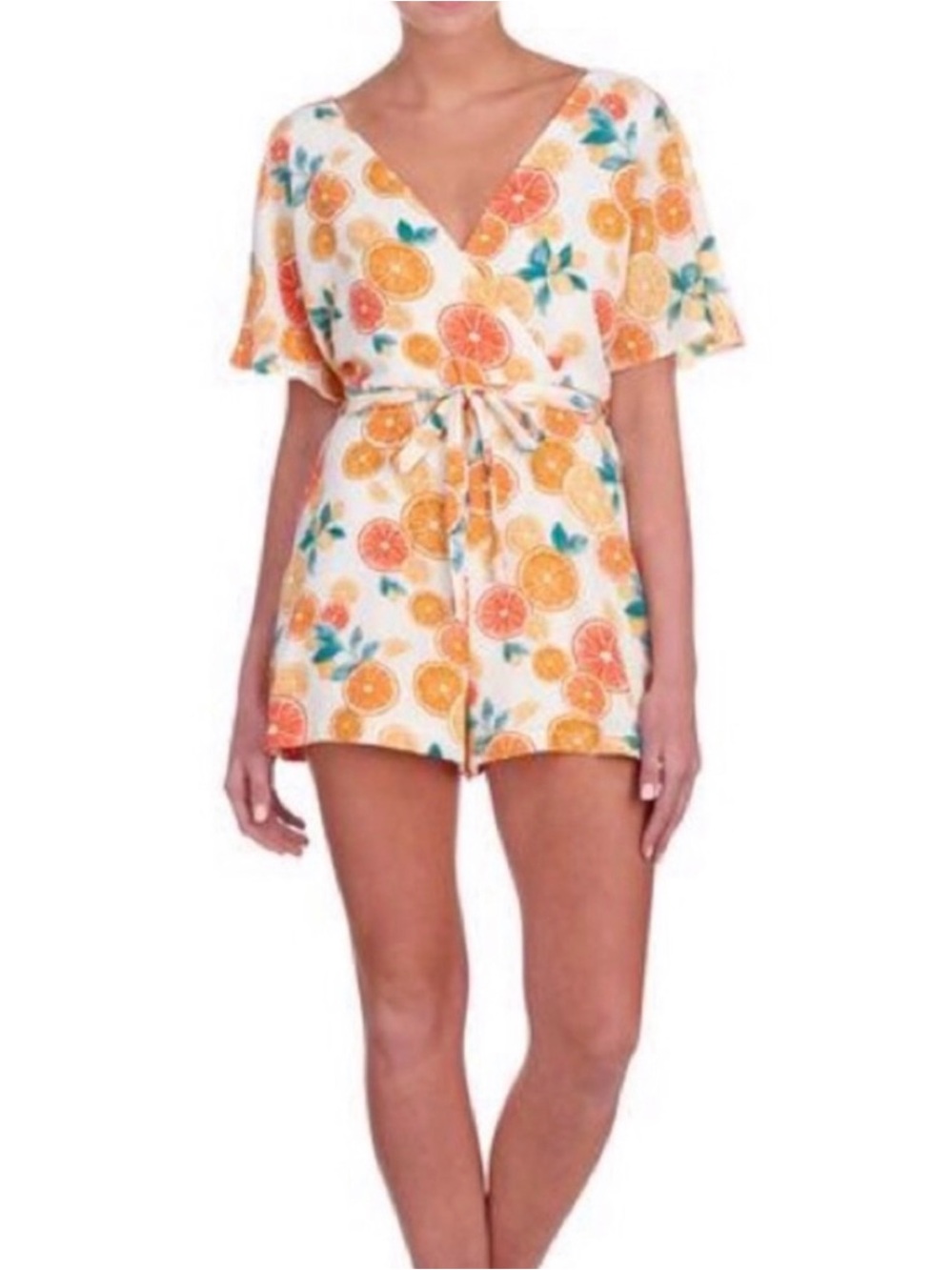 June & Hudson Citrus Print Tie Waist Romper Size Small